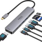 Adapter USB C, hub USB C HDMI 4K, PD 100 W, USB C 3.0, 2*USB 3.0 Odczyt kart SD/TF, stacja dokująca USB C Multiport 7 w 1 Kompatybilny z MacBook Pro/Air M1 M2 ChromeBook Pixel…