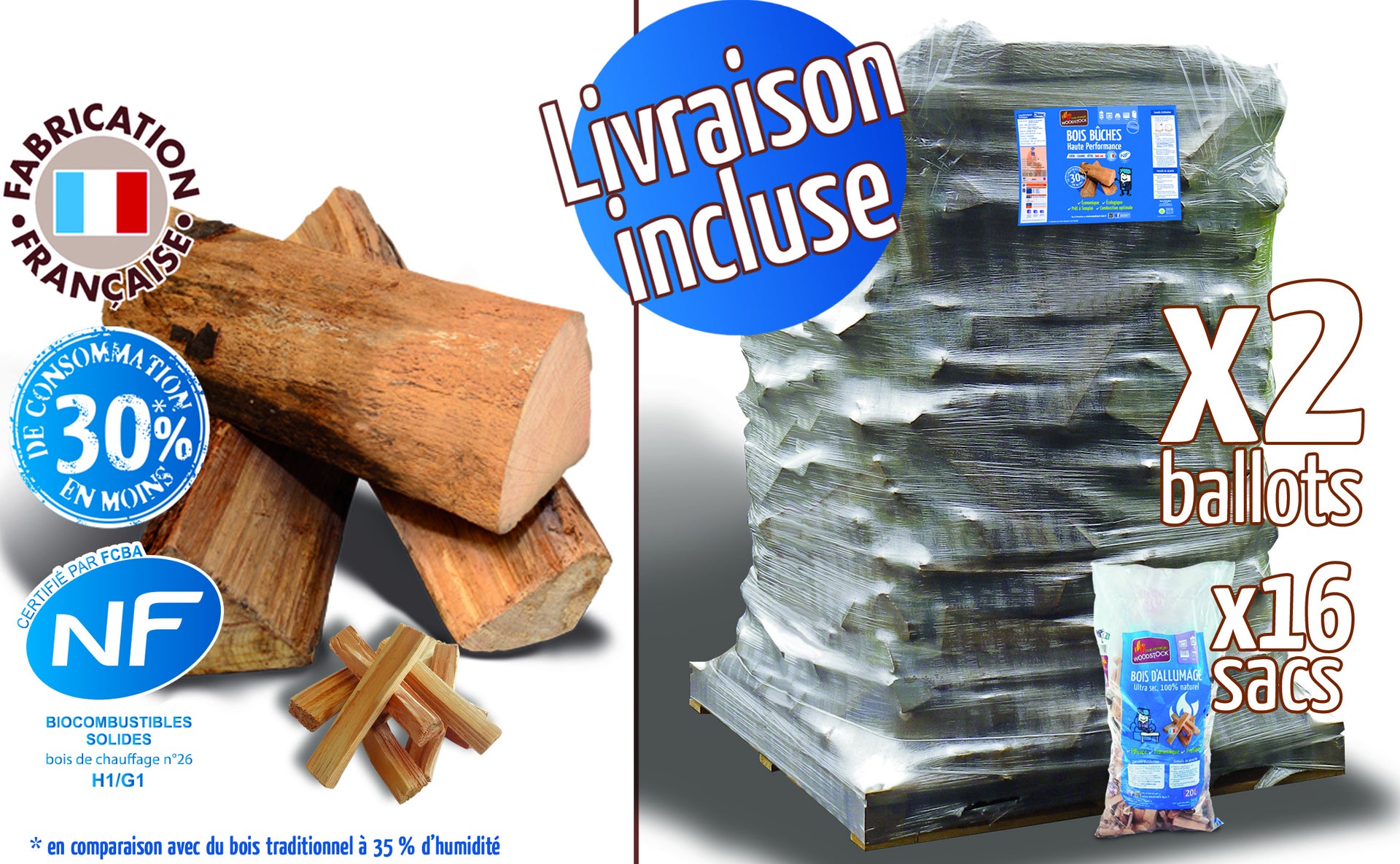 buches-25-cm-378m-630-steres-16-sacs-bois-dallumage Polana 25 cm, 3,78 m³, 6,30 metrów sześciennych + 16 worków drewna rozpałkowego – Image 1