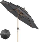 HAPPATIO Parasol ogrodowy z 3-stopniową wentylacją, wykonany z drewna o średnicy 2,7 m, z tkaniną akrylową barwioną w przędzy o gramaturze 250 g/m² (szary)