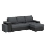 lestockdesign Narożnik Simon 255 cm – rozkładany i odwracalny z pojemnikiem – 3-osobowy – czarna skóra ekologiczna/szara tkanina + 2 pufy – Image 4