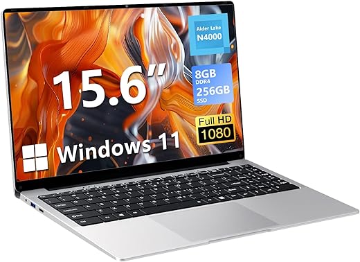 Laptop 15,6 cala, 8 GB pamięci RAM DDR4, dysk SSD 256 GB, laptop z systemem Windows 11, procesor Celeron N4000, ultralekki komputer z gniazdem kart TF, wyświetlacz IPS 1980 x 1080, mini...