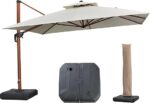 PURPLE LEAF Parasol z wysięgnikiem 3,3 x 3,3 m z podstawą i pokrowcem ochronnym, wygląd drewna tekowego, aluminiowy parasol ogrodowy, kremowy