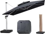 PURPLE LEAF Parasol z wysięgnikiem 3,65 x 3,65 m kwadratowy z podstawą, luksusowy parasol ogrodowy z podwójnym dachem i pokrowcem ochronnym, stalowoszary