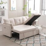 Sapgaks Narożnik rozkładany z schowkami, 3-osobowa rozkładana sofa z kieszeniami w podłokietnikach, sofa rozkładana, modułowa sofa w kształcie litery L (beżowa)