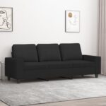 vidaXL 3-osobowa sofa, siedzisko z podłokietnikami i wyściełanym oparciem, sofa z poduszkami, mebel do salonu, nowoczesna, czarna tkanina – Image 2