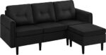 Yaheetech 3-osobowa sofa z pufą Design Modern Narożna sofa tapicerowana tkaniną do salonu/sypialni/biura/mieszkania Czarna