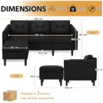 Yaheetech 3-osobowa sofa z pufą Design Modern Narożna sofa tapicerowana tkaniną do salonu/sypialni/biura/mieszkania Czarna – Image 3