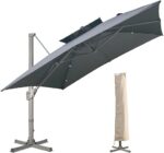 LKINBO Parasol ogrodowy 3x3m kwadratowy z korbką, Parasol ogrodowy z podstawą krzyżową w zestawie, Parasol ogrodowy z regulacją nachylenia i składany z pokrowcem ochronnym do…